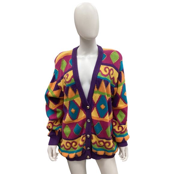 VTG 1980’ Women’s Cardigan One Size Oversized Lined Metal Buttons Multicolor - Picture 1 of 3